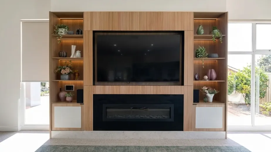 Custom built-in TV unit with concealed storage and open shelving in a Melbourne living room