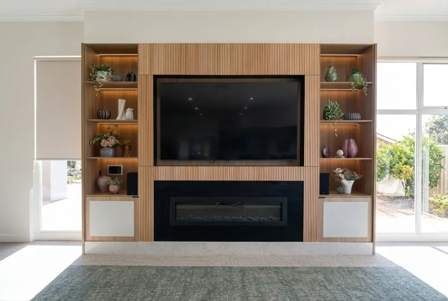 Custom built-in TV unit with concealed storage and open shelving in a Melbourne living room