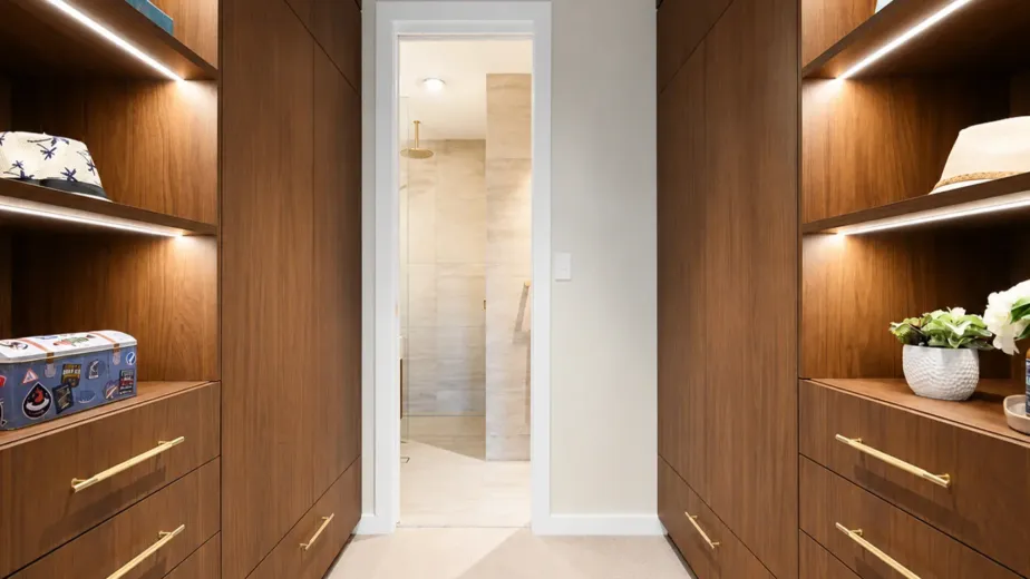 Floor-to-ceiling built-in wardrobe in a Melbourne bedroom with custom hanging space, drawers, shelving and fitted storage.