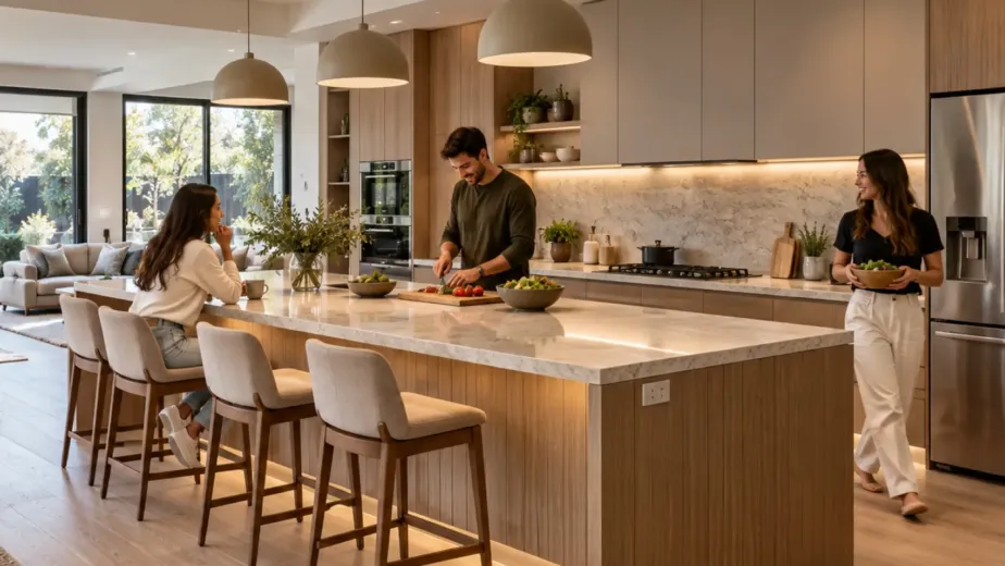 Custom kitchen island with seating and storage in a Melbourne home