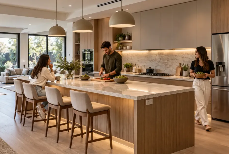 Custom kitchen island with seating and storage in a Melbourne home