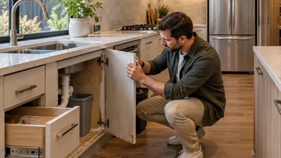Melbourne homeowner comparing new kitchen cabinet doors with complete custom cabinetry