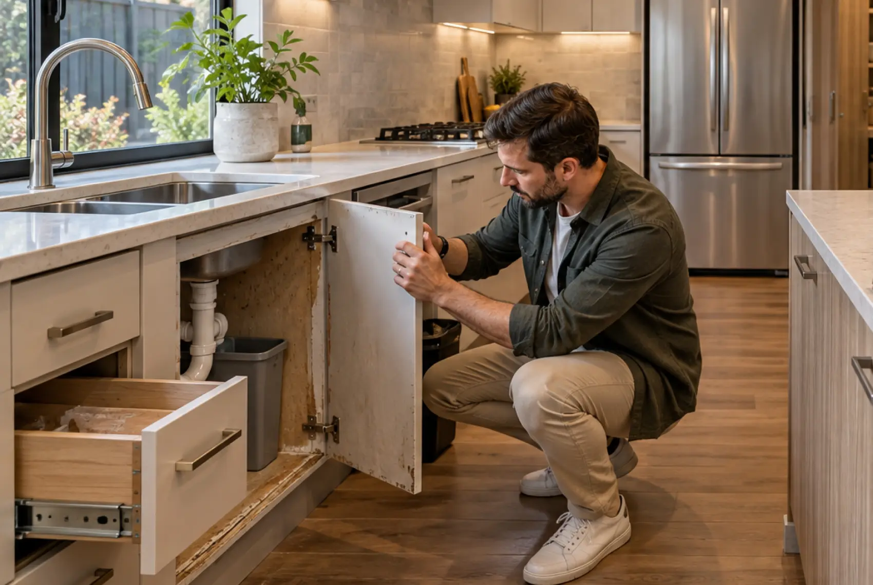 Melbourne homeowner comparing new kitchen cabinet doors with complete custom cabinetry