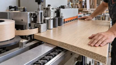 Cut-to-size cabinet panels receiving matching edge banding at a Melbourne joinery workshop