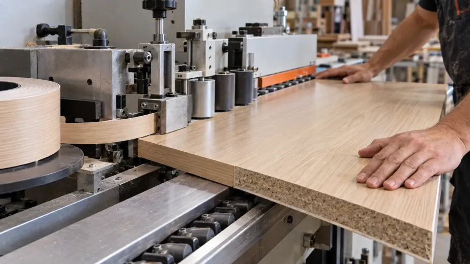 Cut-to-size cabinet panels receiving matching edge banding at a Melbourne joinery workshop