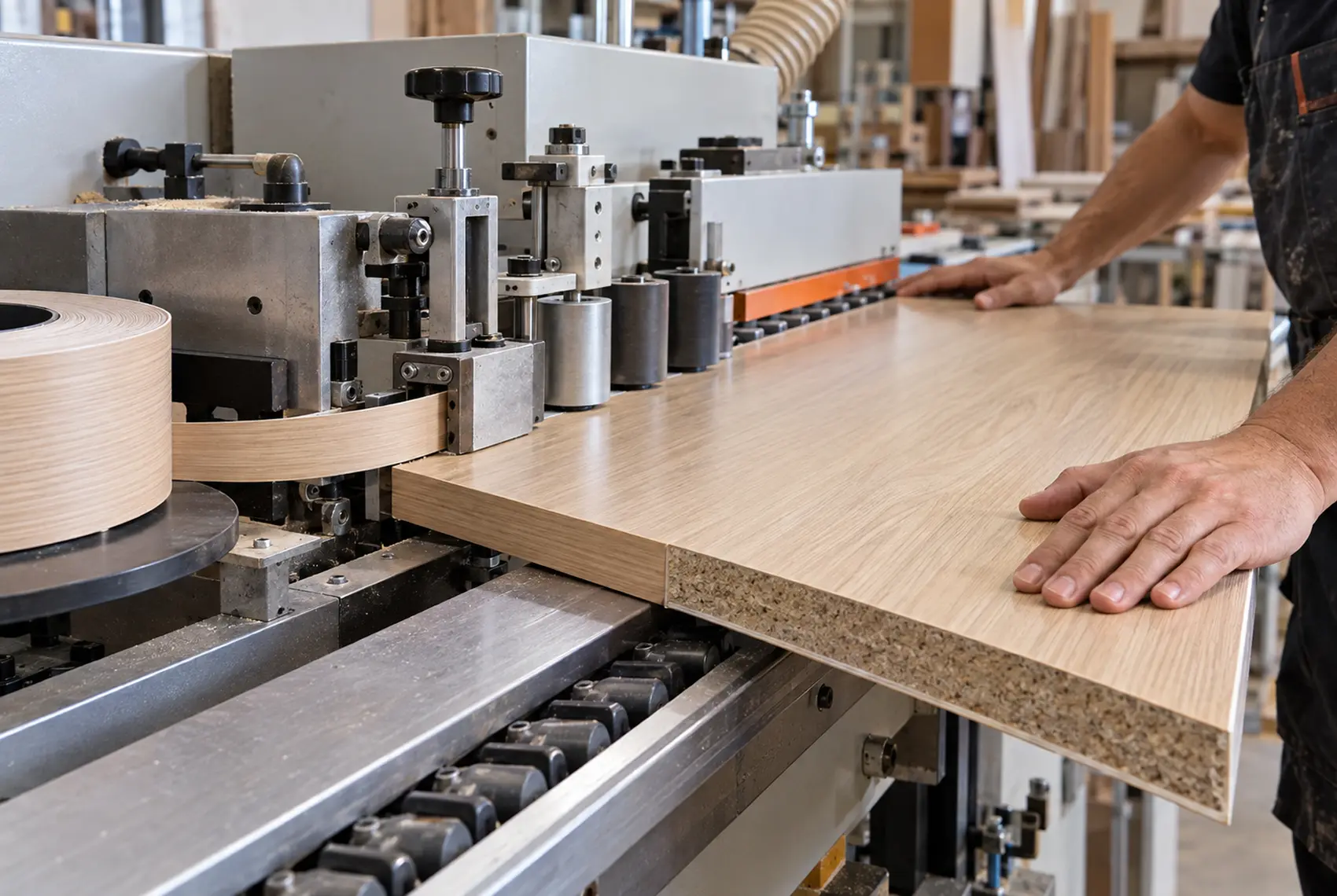 Cut-to-size cabinet panels receiving matching edge banding at a Melbourne joinery workshop