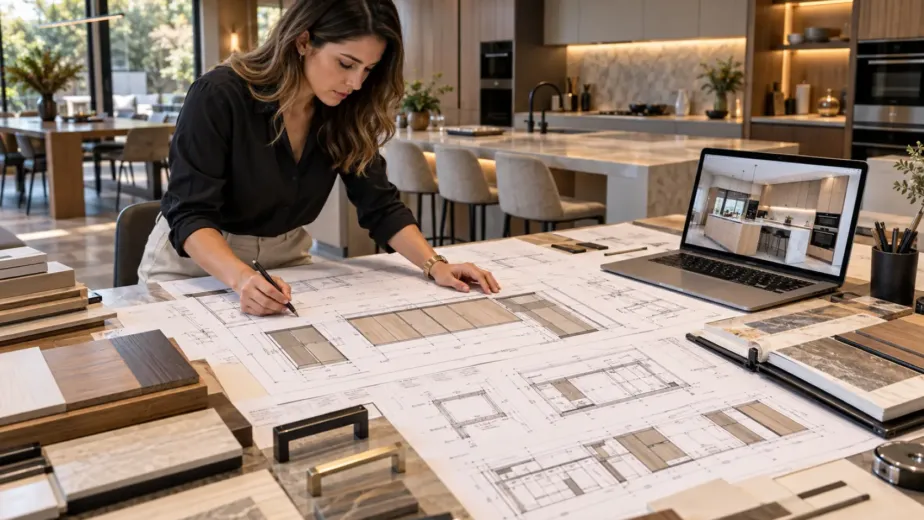 Interior designer reviewing joinery shop drawings with a custom joinery manufacturer in Melbourne