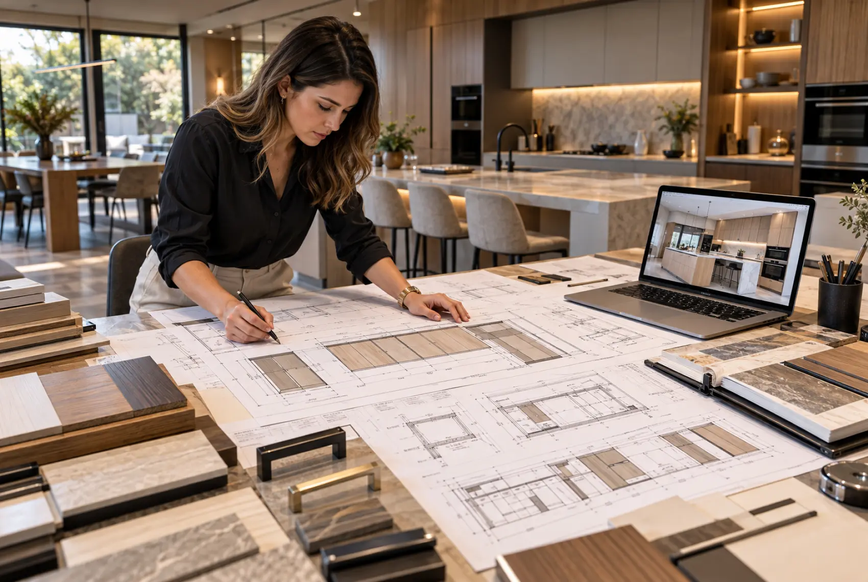 Interior designer reviewing joinery shop drawings with a custom joinery manufacturer in Melbourne